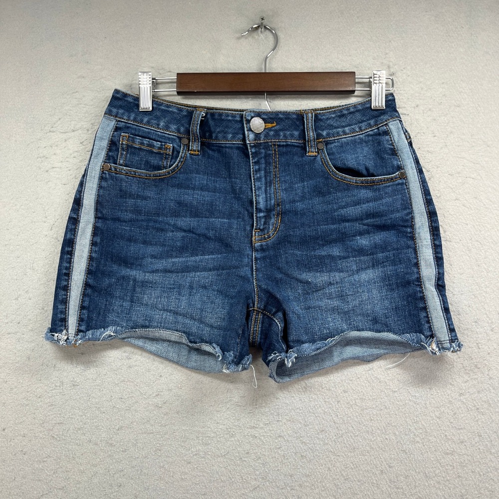 Cabi Jeans Shorts Womens 4 Blue Cinch Short Side Stripe Cut Off Denim Patchwork